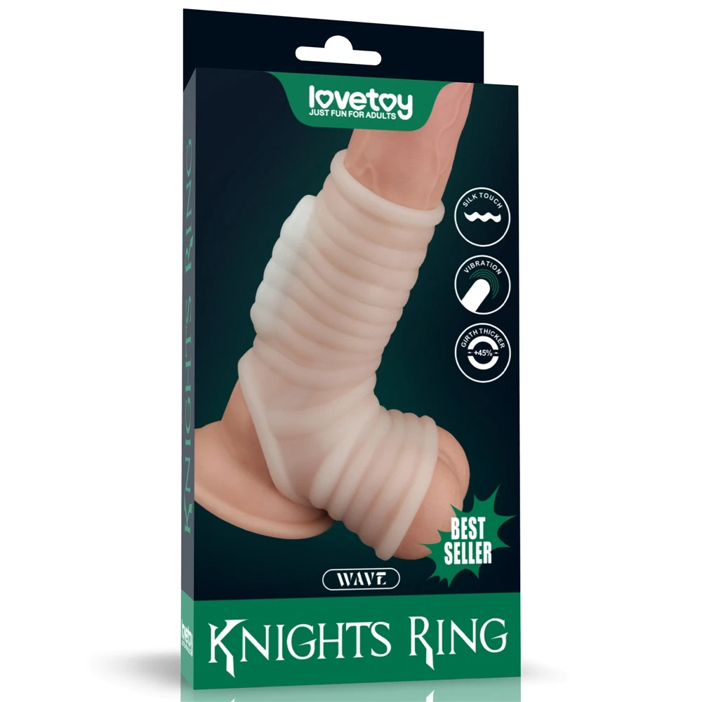 Vibrating Silk Knights Ring with Scrotum Sleeve (White) III - Péniszgyűrűk - Mandzsetták