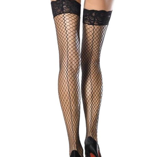 729061 STAY-UP LYCRA INDUSTRIAL LACE TOP THIGH HIGHS WITH BACK SEAM O/S BLK - Harisnyák - Harisnyatartók