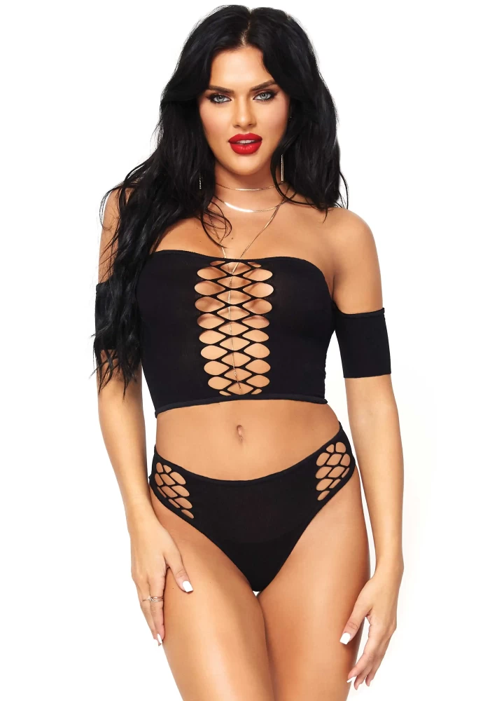 Opaque Crop Top And Thong Black O/S