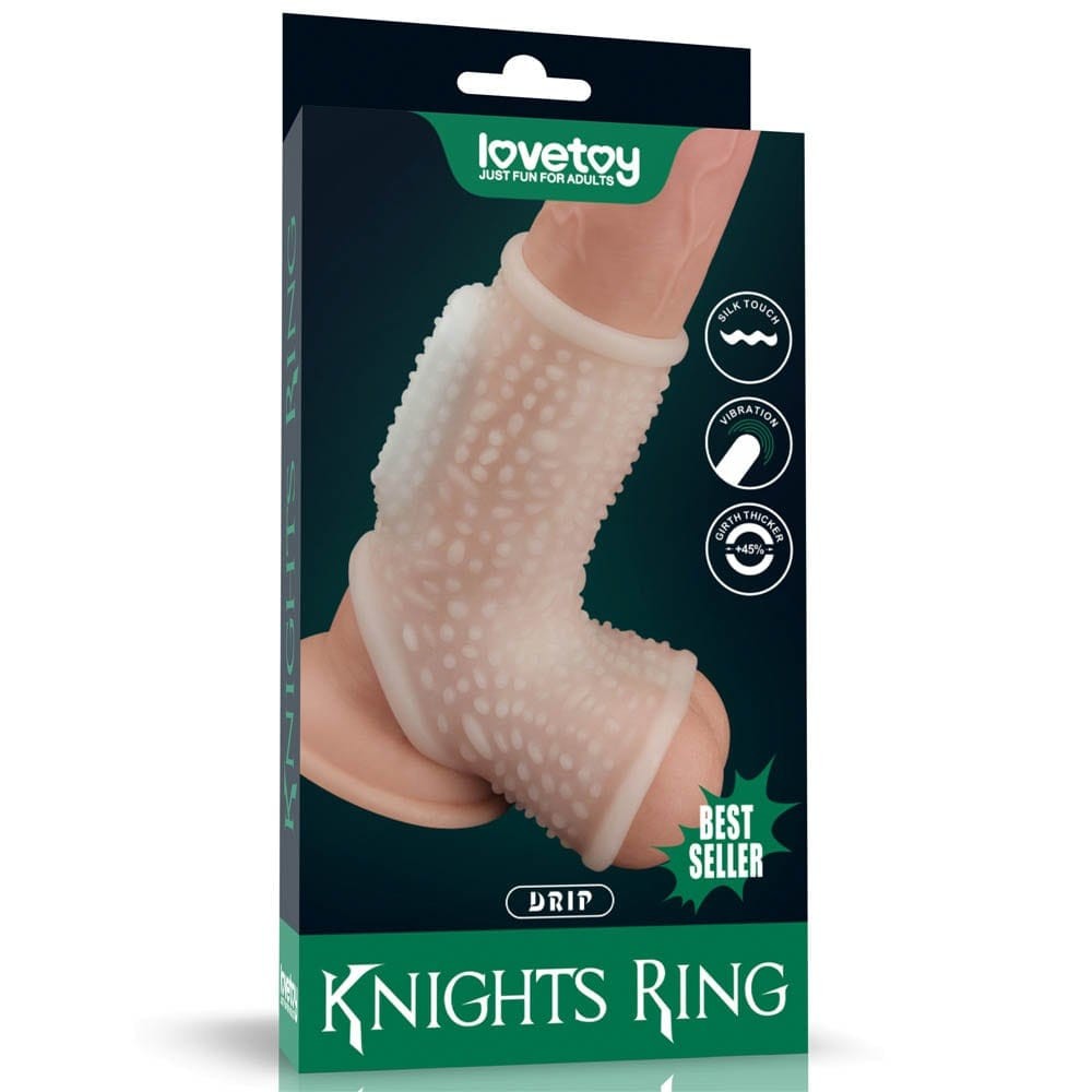 Vibrating Drip Knights Ring with Scrotum Sleeve (White) - Péniszgyűrűk - Mandzsetták