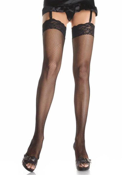 729023 FISHNET THIGH HI W/3" STRETCH LACE TOP O/S BLK - Harisnyák - Harisnyatartók