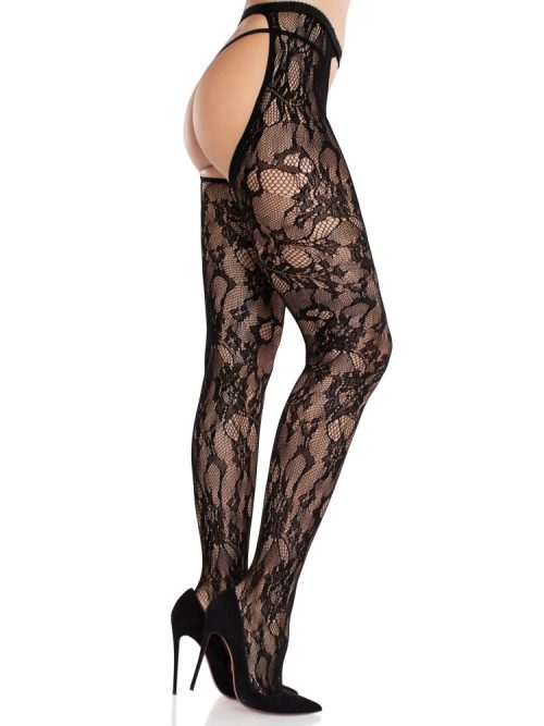Rose Lace Crotchless Tights with Open Back - Black O/S - Image 3