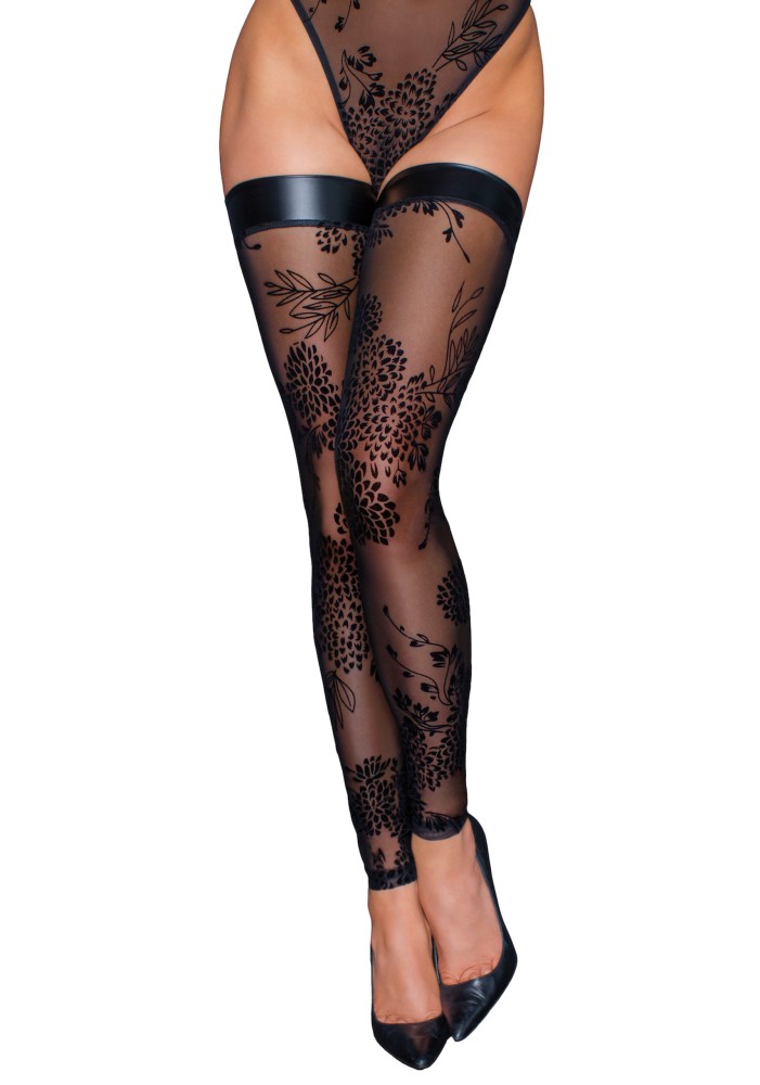 Tulle stockings with patterned flock embroidery - XL